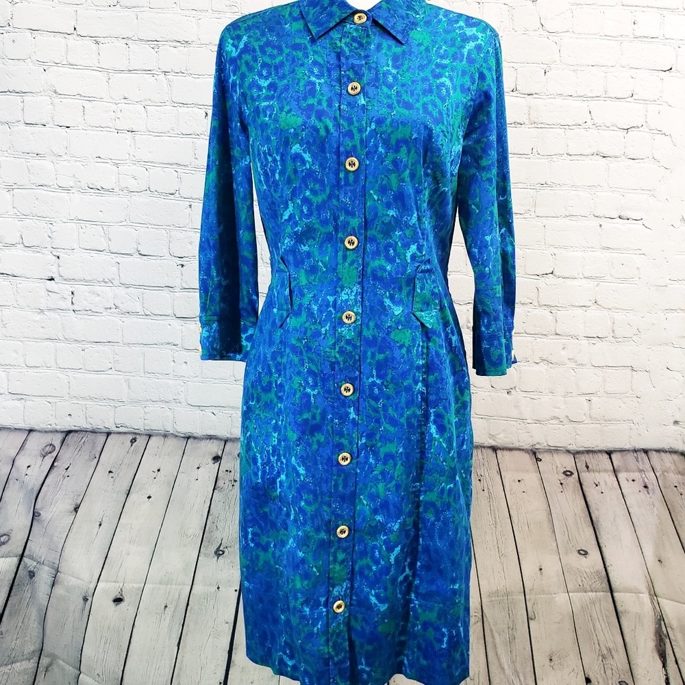 St.John Sport small blue/green print shirt dress